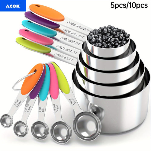 5pcs Measuring Spoon Set/10pcs Measuring Spoon Measuring Cup Set, Stainless Steel, With Silicone Handle, Precise Measuring Tool For Cooking | Essential For Christmas Baking
