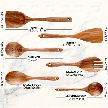 6/10pcs Wooden Kitchen Utensils, Non-Stick Cookware Set, Natural Wooden Spoon, Mixing Spatula And Wok Spatula With Ergonomic Handle, Suitable For Non-stick Pans, Heat-resistant, Easy To Clean And Durable Kitchen Essential Cookware Accessories.