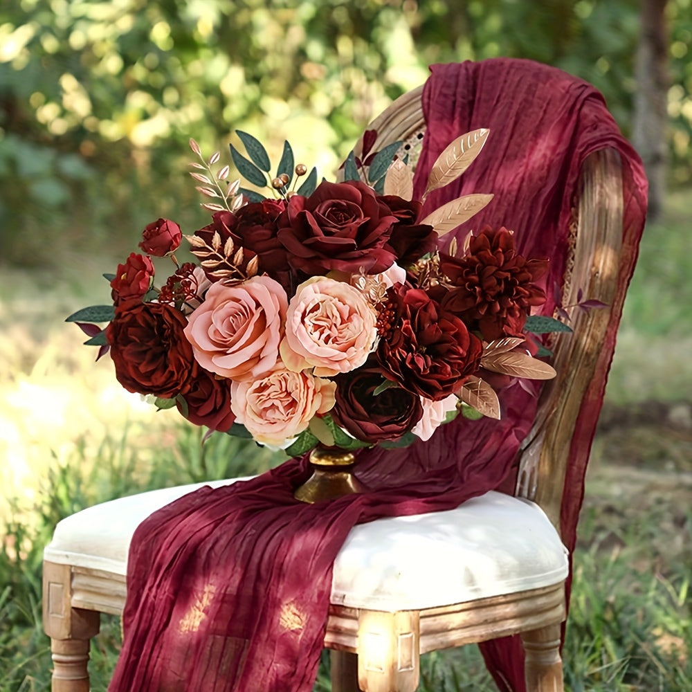 AUSOGO Artificial Rose Bouquet, Wine Red Plastic Flowers for Wedding and Engagement, Versatile for Tabletop Decoration, Ideal for Halloween, Day of the Dead, Memorial Day, Fall, Winter Events, No Battery Required