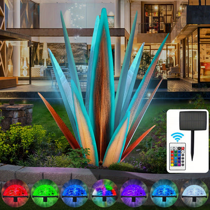 26-inch Large-scale Rustic Agave Metal Sculpture, Hand-painted Garden And Courtyard Statue With Remote Control, Solar-powered Lawn Decoration