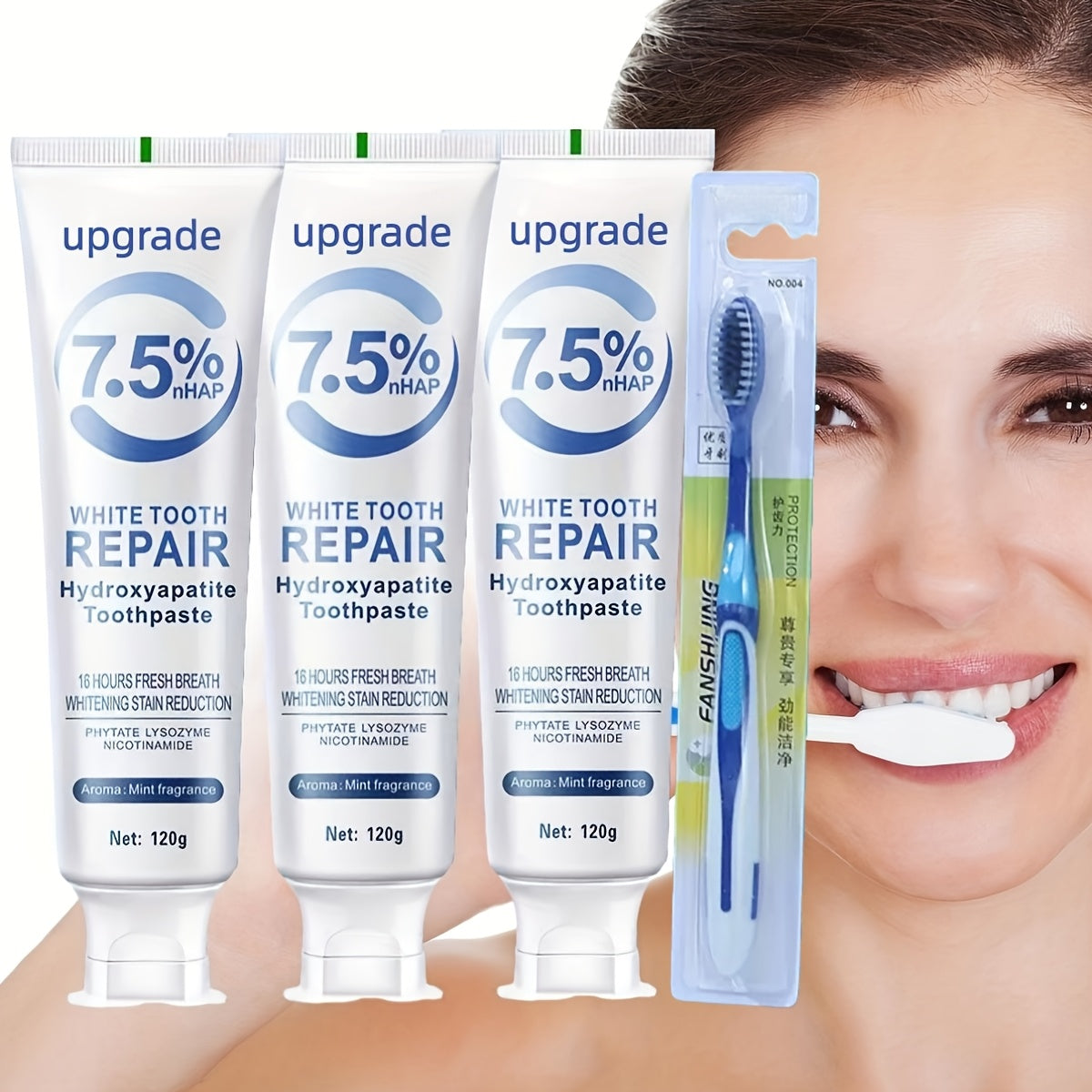 3pcs Of Hydroxyapatite Toothpaste, 7.5% Nano Toothpaste, Comes with A Toothbrush, Whitens Teeth, Freshens Breath, Ideal Gift for Women, Suitable for Home And Travel Use, Oral Care, Local Warehouse