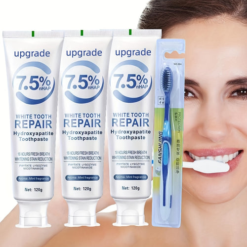 3pcs Of Hydroxyapatite Toothpaste, 7.5% Nano Toothpaste, Comes with A Toothbrush, Whitens Teeth, Freshens Breath, Ideal Gift for Women, Suitable for Home And Travel Use, Oral Care, Local Warehouse