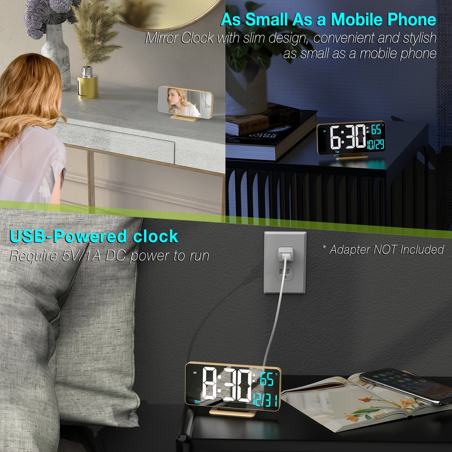 Large Digital Alarm Clock 6.7" with Dual Alarm & Dimmable LED Display – USB Powered Desk Clock with Temperature, Date & Day of Week | Modern Golden Bedside Clock for Bedroom, Living Room & Office