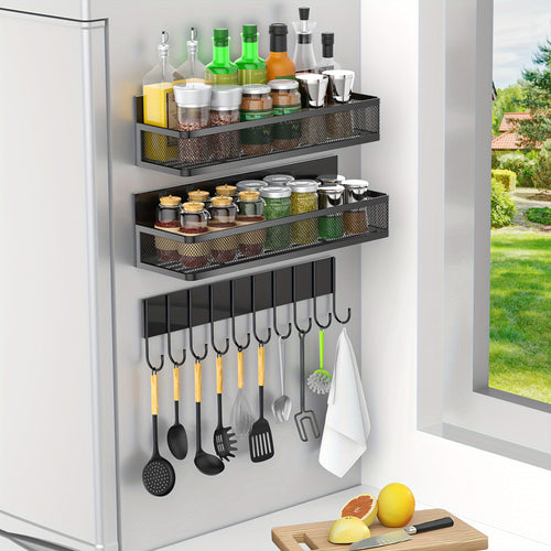 1/3/4pcs, Magnetic Floating Shelf, Refrigerator Magnetic Shelf with Hooks, Strong Magnetic Floating Shelf, Refrigerator Kitchen Magnetic Shelf, Refrigerator Organizer, Floating Shelf Organizer, Kitchen Accessories, College Dormitory Essentials
