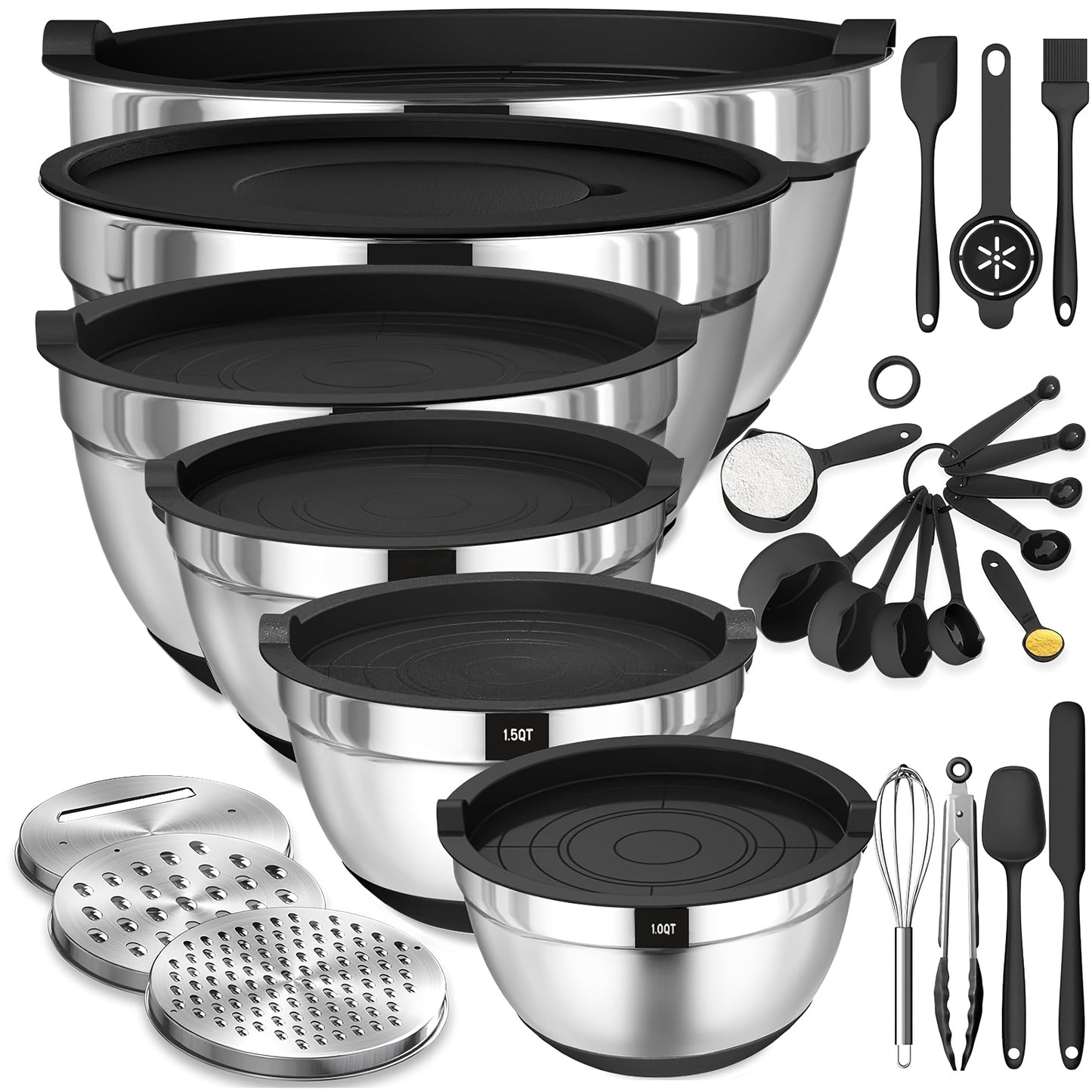 Mixing Bowls with Airtight Lids, 26pcs Stainless Steel Bowls Set, 3 Grater Attachments & Black Non-Slip Bottoms Size 7, 4, 2.5, 2.0, 1.5, 1QT, Great for Mixing & Serving