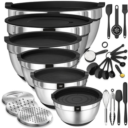 Mixing Bowls with Airtight Lids, 26pcs Stainless Steel Bowls Set, 3 Grater Attachments & Black Non-Slip Bottoms Size 7, 4, 2.5, 2.0, 1.5, 1QT, Great for Mixing & Serving