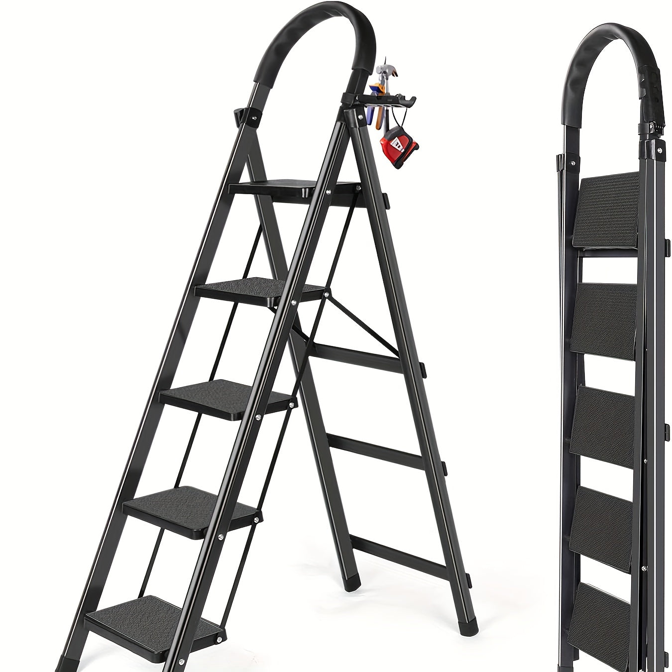 5/4/3 Step Ladder with Anti-Slip Pedal - Folding Step Stool with Tool Tray 450 LBS Portable Steel Ladder for Adults for Home Kitchen Library Office (5/4/3 Step)