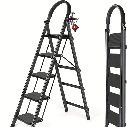 5/4/3 Step Ladder with Anti-Slip Pedal - Folding Step Stool with Tool Tray 450 LBS Portable Steel Ladder for Adults for Home Kitchen Library Office (5/4/3 Step)