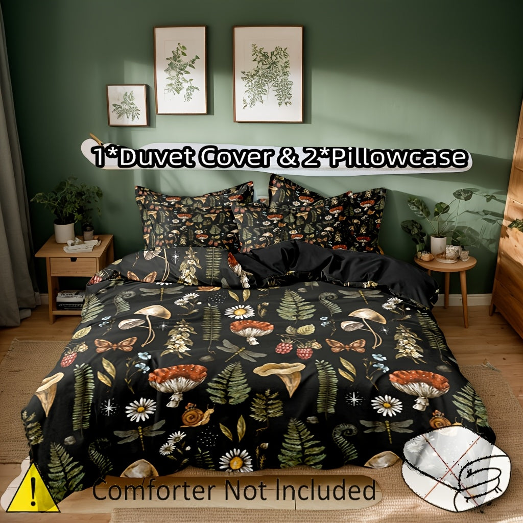 A Bedding And Quilt Cover Set Featuring a 3pcs Design with a Forest Mushroom Pattern Made of Polyester, Ideal for Bedrooms And Guest Accommodations. The Quilt Cover Is Soft And Cozy