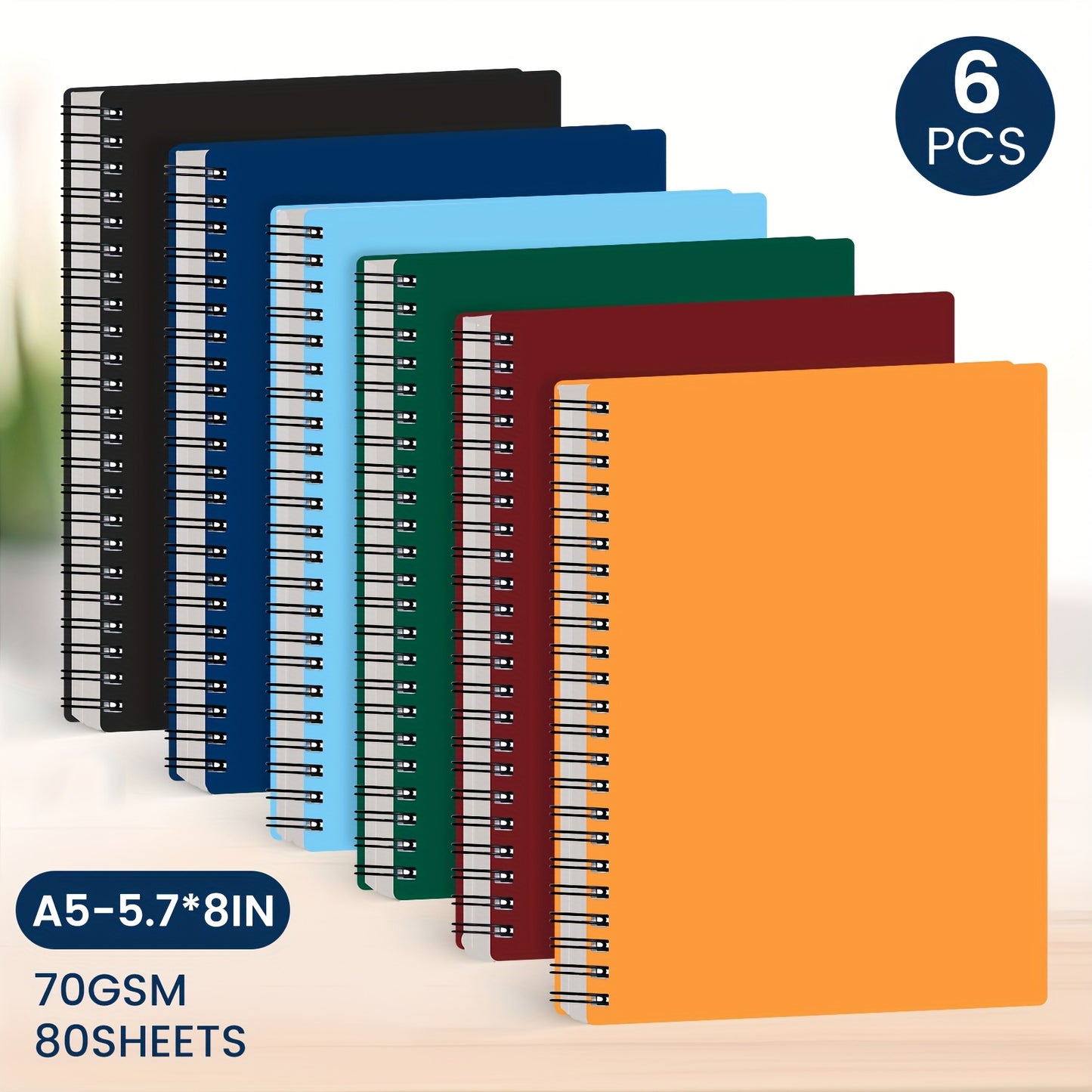 6pcs Hardcover Spiral Notebook -Spiral Journals, Lined Notebook, College Ruled, No Bleed, Thick Durable Paper A5, 480 Sheets/960 Pages, 6 Colors, Perfect for Work, Family, School Supplies
