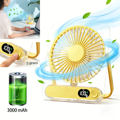 Portable USB Desktop Fan With 3000 MAh Battery - Ultra-quiet, 5 Speeds, 180° Adjustable And Foldable Design, Digital Power Display, Suitable For Home, Office And Travel Use, Comparable To Air Conditioning