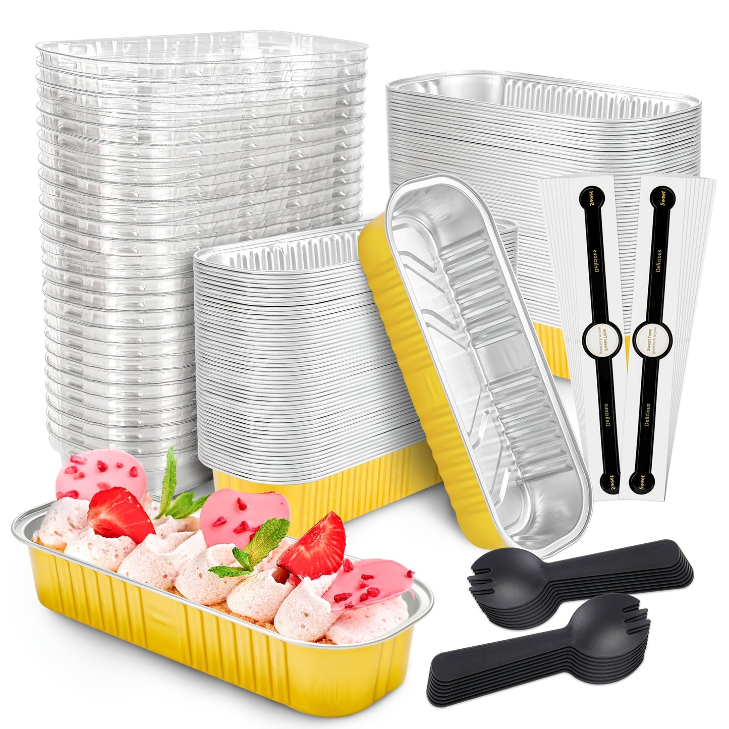 100 Pack Mini Cake Pans with Lids And Spoons Rectangular Aluminum Foil Baking Pans Mini Cheesecake Containers(6.8oz)