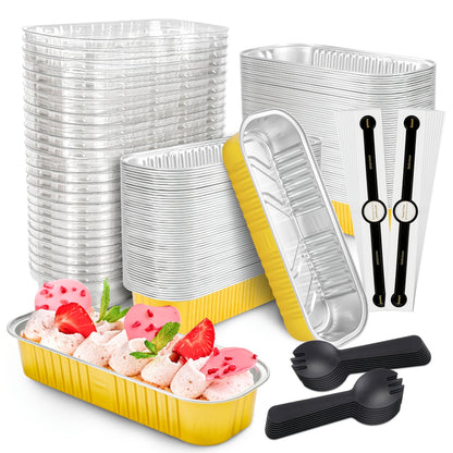 100 Pack Mini Cake Pans with Lids And Spoons Rectangular Aluminum Foil Baking Pans Mini Cheesecake Containers(6.8oz)