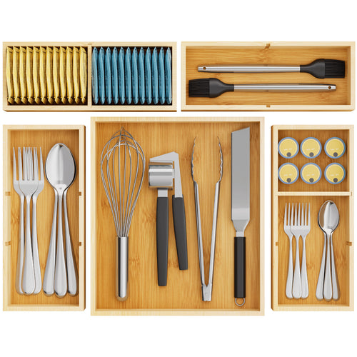 Adjustable Bamboo Wooden Drawer Dividers, Drawer Organizers, Stackable Storage Box for Utensils, Silverware, Makeup, Junk in Kitchen/Bathroom/Office/Vanity