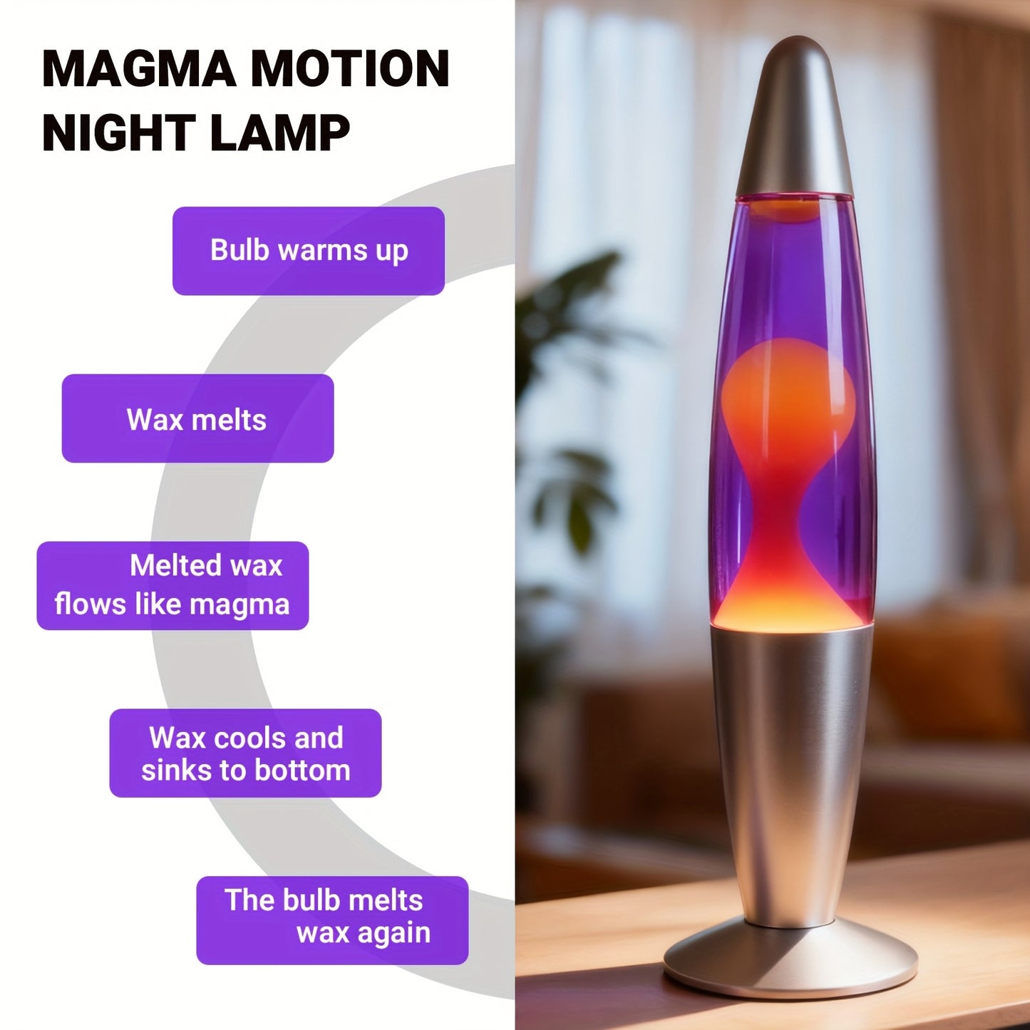 16-inch Beautiful Lamp - Purple Water with Yellow Wax, Relaxing Liquid Lamp, Night Light, Home Decor for Living Room, Office, Bedroom Lighting