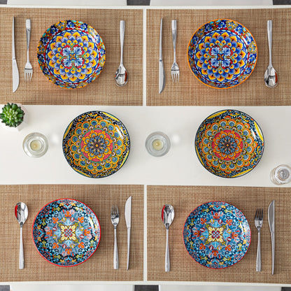32 Oz Porcelain Bohemian Style Pasta Bowls | Set Of 6, Flower Pattern, Round Shape, Microwave Safe, Brand: VANCASSO