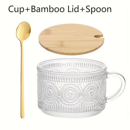 4pcs, 13oz/384ml, Vintage Sunflower Breakfast Cup Set - High-quality Glass Cup, Multifunctional Cutlery with Spoon And Lid, Suitable for Coffee, Tea, Cappuccino, Latte, Grains, Yogurt, Milk.