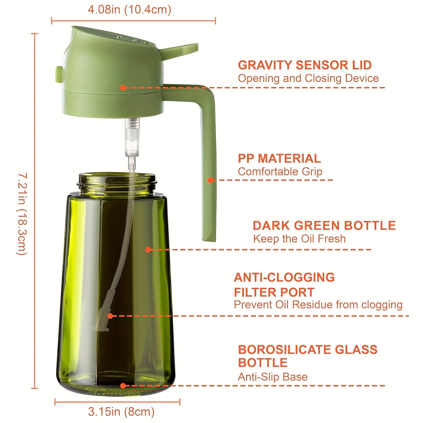 2pcs Kitchen Glass Olive Oil Dispenser Bottle, 2-In-1 Oil Bottle And Cooking Sprayer, 16Oz Premium Dark Green Glass Oil Bottle, Oil Sprayer for Cooking, Oil Dispenser for Kitchen with 6pcs Stickers, The Perfect Cooking Gadget for BBQ, Rvs, And Salad