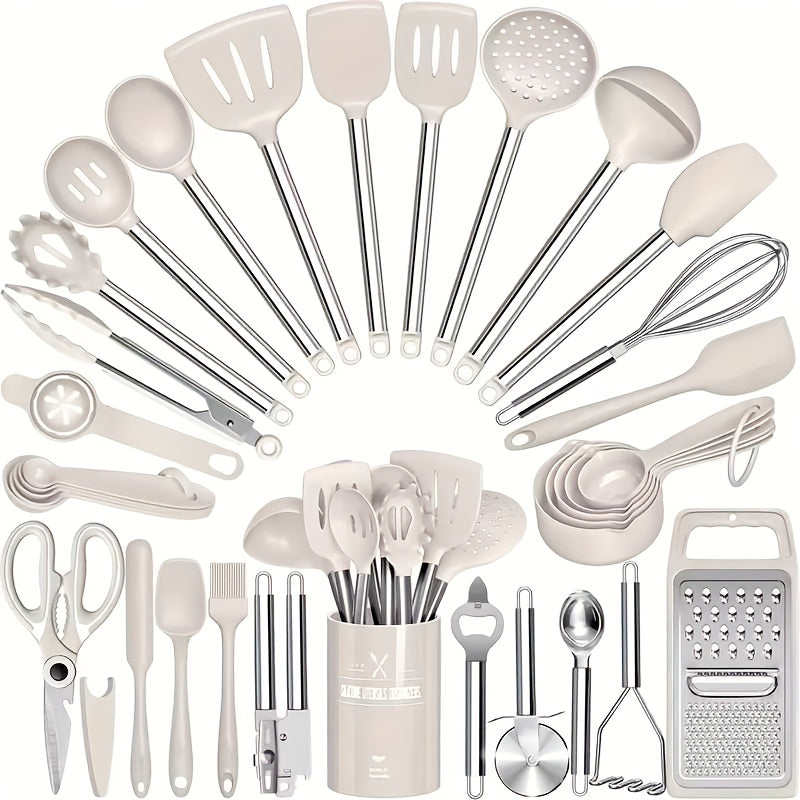 Kitchen Utensils Set-34pcs Silicone Cooking Utensils Set for Nonstick Cookware-Silicone Spatulas Set, Stainless Steel Handle-Black Kitchen Gadgets Tools, Pots And Pans Accessories, SKROAM father gift