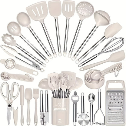 Kitchen Utensils Set-34pcs Silicone Cooking Utensils Set for Nonstick Cookware-Silicone Spatulas Set, Stainless Steel Handle-Black Kitchen Gadgets Tools, Pots And Pans Accessories, SKROAM father gift