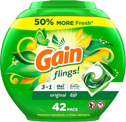 Gain Flings Laundry Detergent Pods 42ct Original Scent - 3-in-1 Concentrated Liquid Pods with Stain Remover & Odor Fighter, HE Compatible Hot & Cold Water, Pre-Measured No-Mess Laundry Pacs