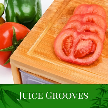 Bamboo Cutting Board Wooden Cutting Board with Food Container Storage Box Cheese Shredder and Juice Tank Suitable for Vegetables Cheese and Meat Type Wooden Cutting Board with Container Food Drop Area Carving Board with Easy Handgrip