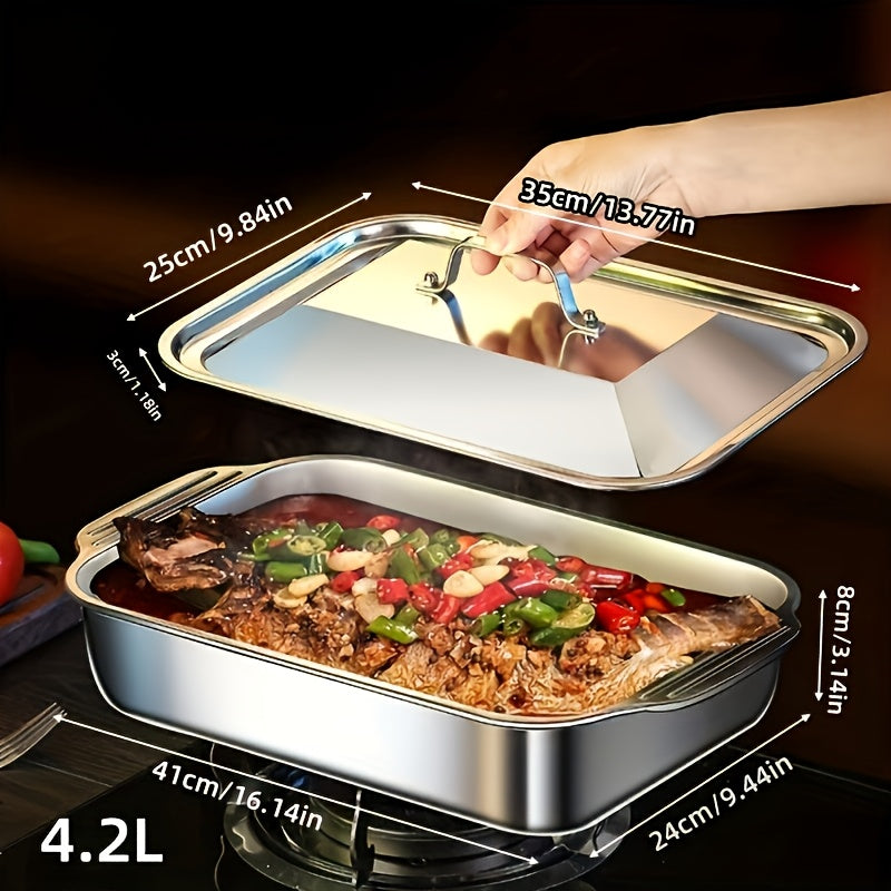 4pcs Set of 2 Deep Plates 2pcs Stainless Steel Rectangular Baking Trays with Handle Lids -1.59 Gallon Capacity, 16.14 Inches Deep Baking Tray Fish BBQ Tray Spaghetti Bowl, Dishwasher Safe, Father'S Day Gift for Men, Christmas Choice