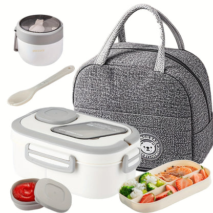 2-Layer Bento Box Set with Multiple Compartments | Bento Box, Cup, Bag, Cutlery, and Sauce Box - Microwave Safe, Temperature-Retentive, Suitable for School, Work, and Outdoor Meals