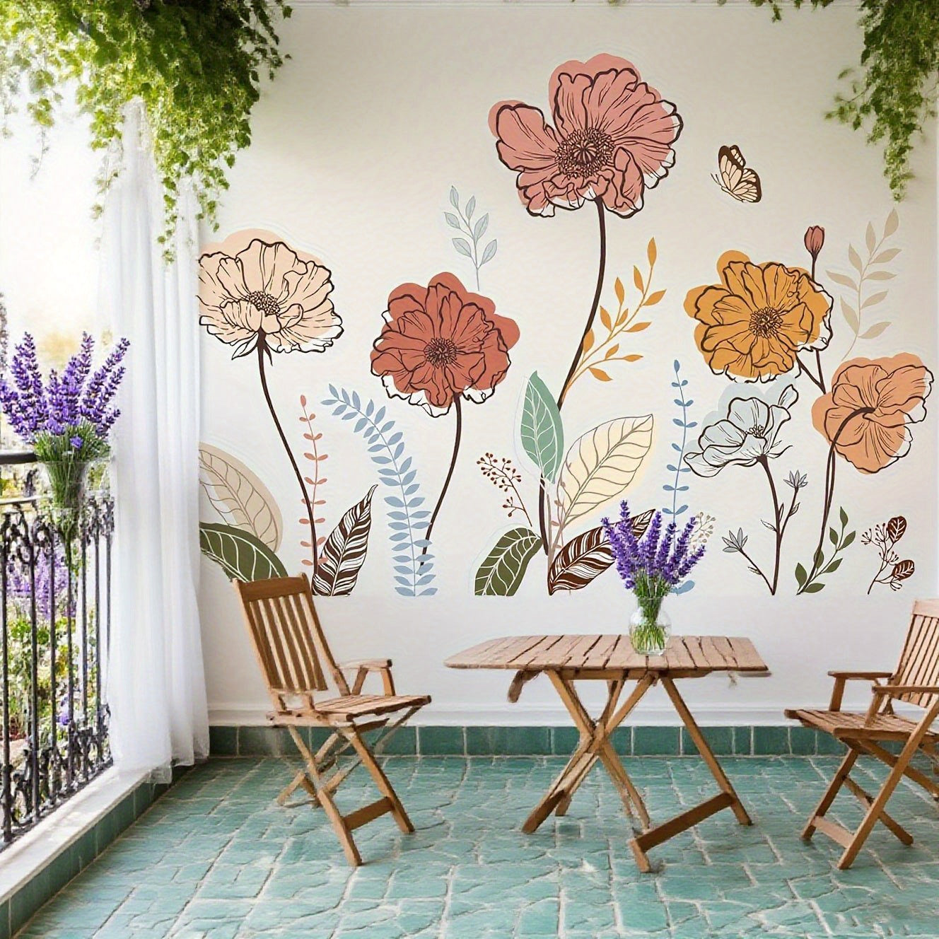 Bohemian Floral Wall Decals Featuring Wildflowers, Perfect for Decorating Living Rooms And Bedrooms. These Self-Adhesive Stickers Include Designs of Flowers And Fruits, Ideal for Enhancing The Walls of Your Living Space And TV Area