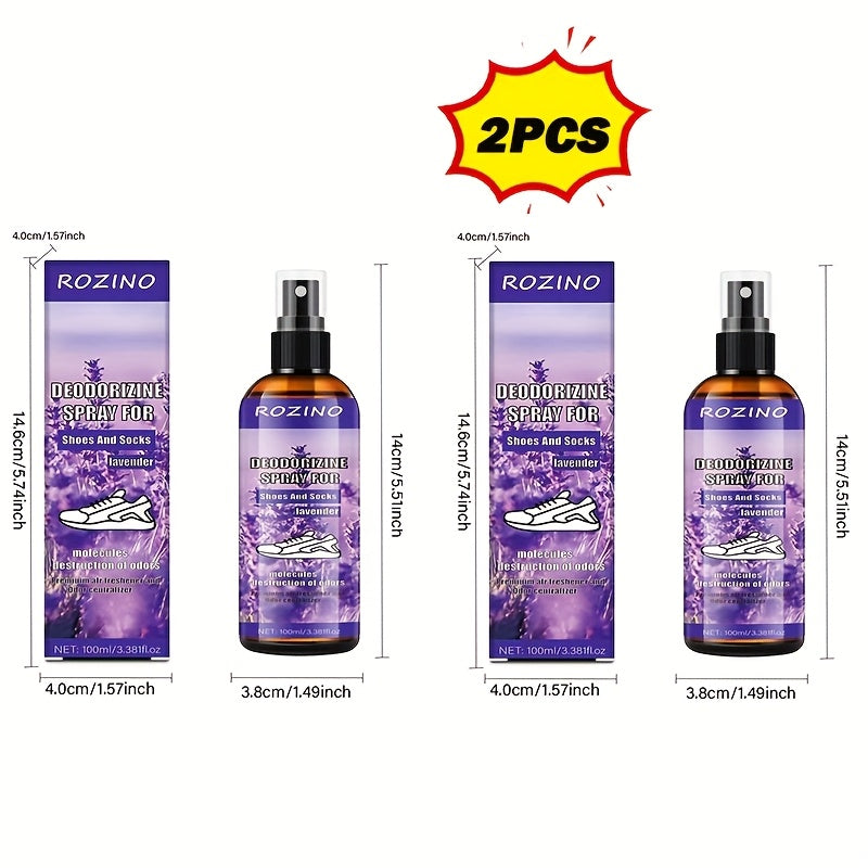 Set of 2 Rozino Lavender Foot Deodorizer Spray - Allergy-Friendly Odor Management, Fast-Drying & Enduring Freshness for Feet, Socks, And Shoes - Natural Lavender Fragrance, 3.38 Fl. Oz, Foot Deodorizer, Stylish Bottle Design, Glycerin-Based Formula