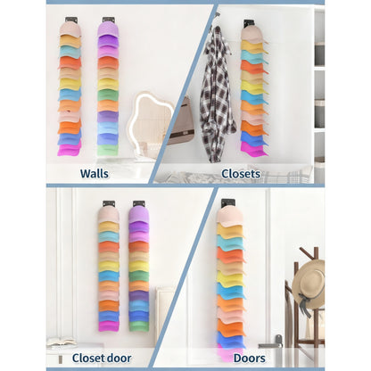 2-Pack Heavy-Duty Hat Organizer with 24-Cap Capacity - Space-Saving Vertical Wall-Mounted Storage, Adhesive or Drilled Installation, Layered Hooks for Easy Access, Durable Polypropylene Construction - Ideal for Entryway, Closet, Bedroom
