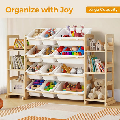 Large Capacity Kids Storage Organizer with 12 Bins, Wooden Shelf with Side Bookshelves, Playroom Furniture for, Books, And Stuffed Animals, Easy Assembly, Natural Wood End