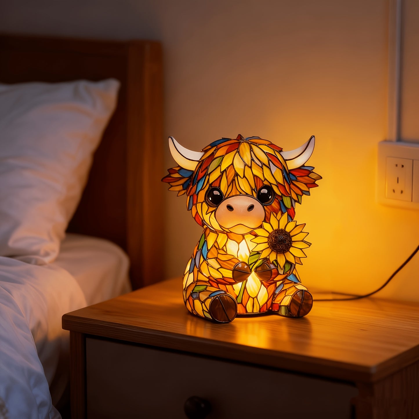 Handcrafted Highland Sunflower Highland Cow Desk Lamp, Powered by USB, Cute Cow-Shaped Night Light. Suitable for Decoration in Bedrooms And Living Rooms. It Is an Ideal Gift for Friends, Family And Loved Ones