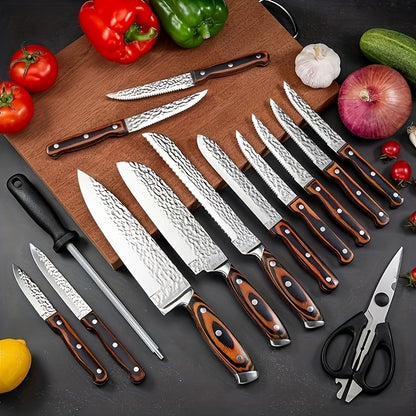 Kitchen Knife Set 15 Piece – Chef Knife Block Set with Self-Sharpening Wooden Block, Steak Knives & Hammered Stainless Steel Blades, Perfect Gift for Home Cooks & Men