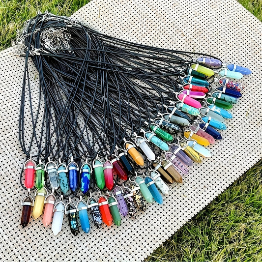 60pcs/30Sets Assorted Random Color Hexagonal Shaped Crystal Natural Stone Pendant With Black Leather Necklace Chain For Jewelry Craft Making, Daily Wear &Gift
