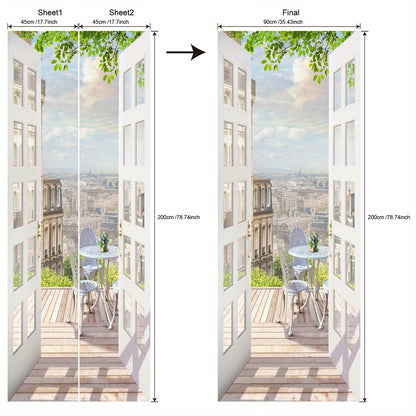 35.43*78.74inch Push Open Door Balcony Scenery Door Sticker, Removable, Waterproof, Large Home Wall Sticker, Bedroom Living Room Mural, Peel And Stick Wallpaper, Wall Decoration, Wall Art, Home Creativity
