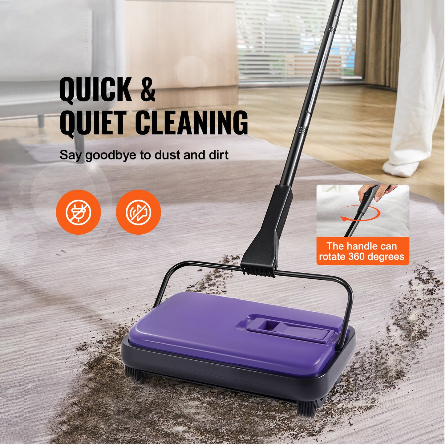 VEVOR Carpet Sweeper Manual, Floor Sweeper with 300 ml Dustbin Capacity Easy to Empty, 6.7 inch Cleaning Width for Home Office Carpets Pet Hair Dust, Purple/Red/Blue