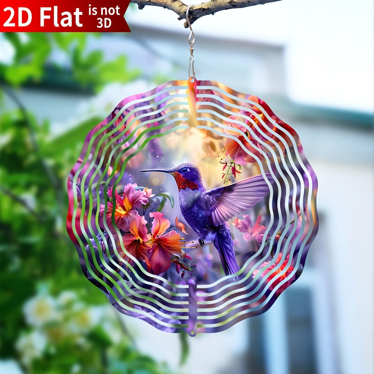 Hummingbird Wind Spinner for Garden – 10" Kinetic Metal Sculpture with Color-Changing Feathers, Wind-Powered 2D Flat Iron Art for Outdoor Yard Decor, Patio Stake Ornament, Bird Lover Gift