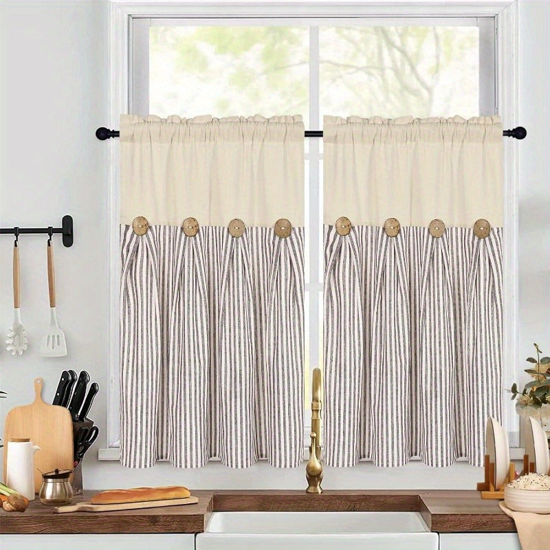 Semi Sheer Curtains Bohemian Linen Cotton Patchwork Grommet Top Window Drapes for Bedroom Living Room Kitchen Bathroom Cafe - Boho Country Cottage Style 4 Seasons 1 or 2 Panels