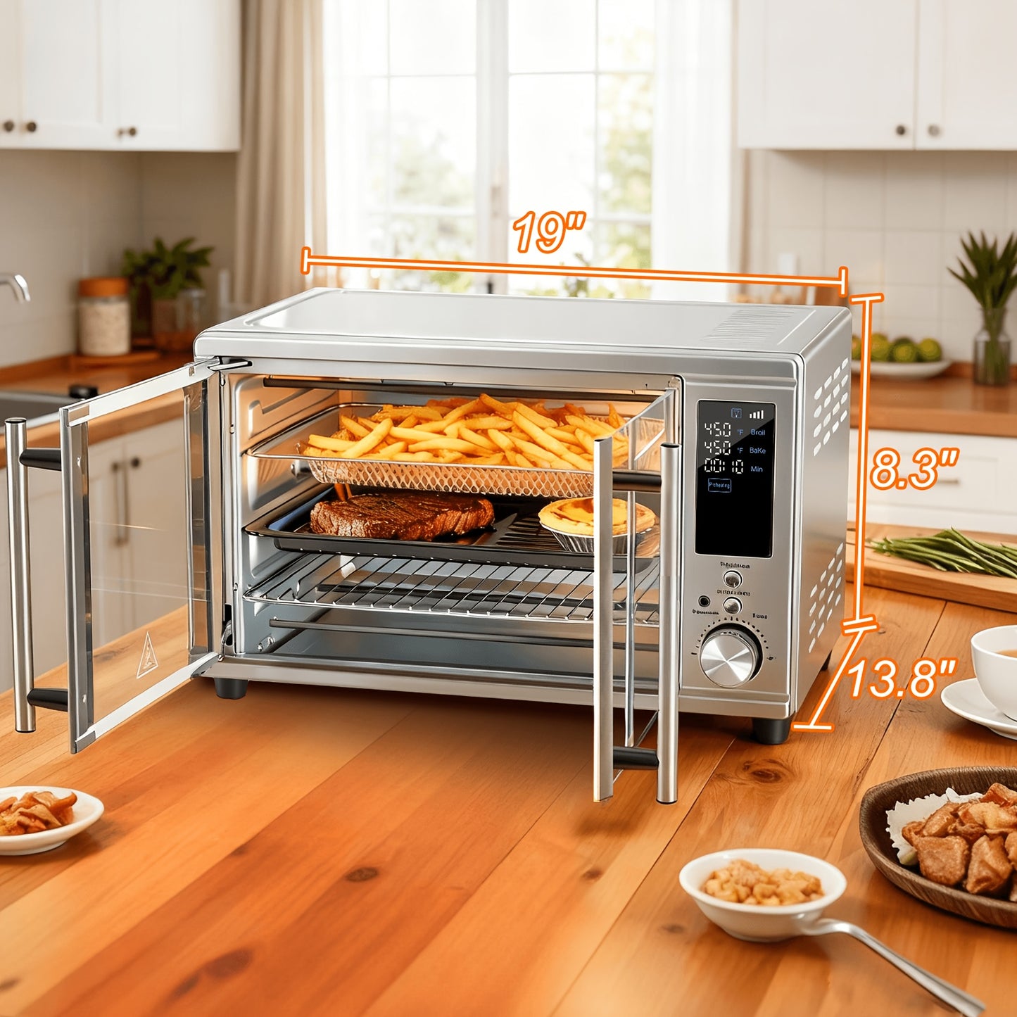 29.6QT XL Air Fryer Oven with Smart Probe, 12-in-1 Digital Toaster Oven Combo for Large Family, Stainless Steel Countertop Oven, Includes 7 Accessories & Rotisserie, 450°F Rapid Heat for Baking & Roasting
