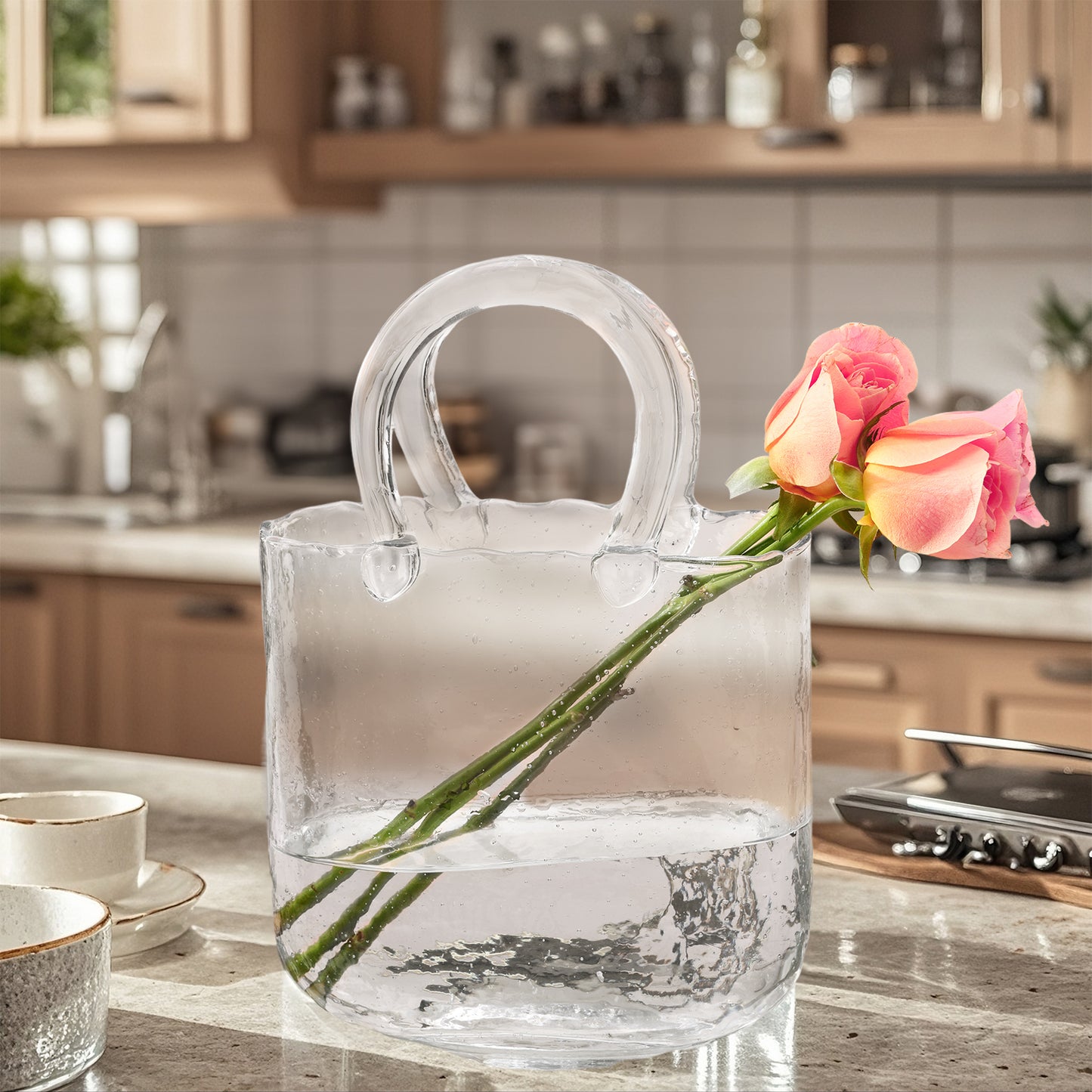 WHONLINE 1/2pcs Glass Purse Vase for Flowers, Clear Bag Vases with Handle, Unique Cute Handbag Shape Decorative Flower Vases for Centerpieces Home Table Shelf Decor Birthday Gift, For Halloween and Christmas