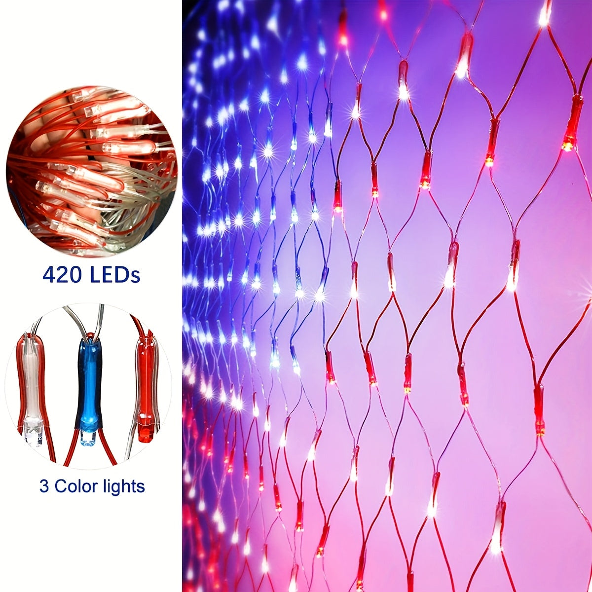 American Flag Net Light, 420 LED String Lights, Fourth of July Decorations, Memorial Day Decorations, for Independence Day, National Day, Christmas Day, New Year'S Party, Garden, Yard Decorations Outside, (Plug in Power) BZPCF