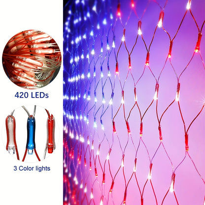 American Flag Net Light, 420 LED String Lights, Fourth of July Decorations, Memorial Day Decorations, for Independence Day, National Day, Christmas Day, New Year'S Party, Garden, Yard Decorations Outside, (Plug in Power) BZPCF