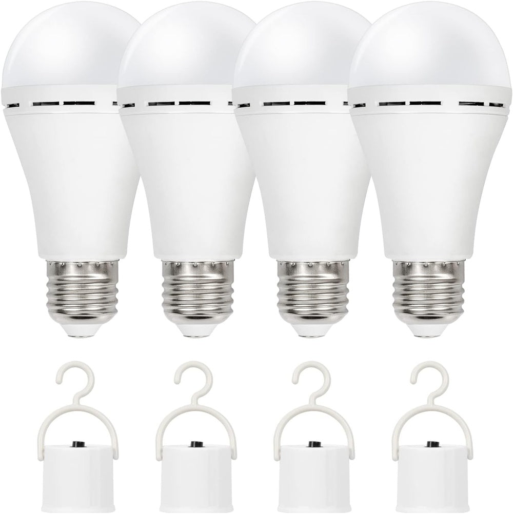 Rechargeable Emergency LED Light Bulb 12W 6500K 2000mAh with Polished Metal Finish – Spherical Design Half-Flip Installation Backup Battery Bulb for Camping Hiking Indoor Outdoor Power Outage, 4 Pack