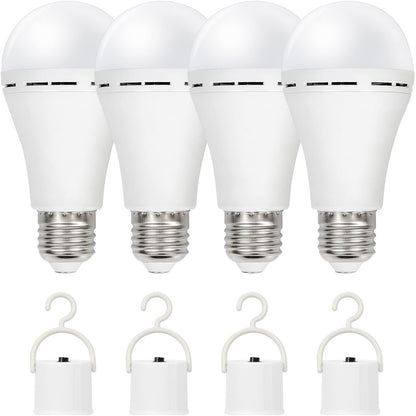 Rechargeable Emergency LED Light Bulb 12W 6500K 2000mAh with Polished Metal Finish – Spherical Design Half-Flip Installation Backup Battery Bulb for Camping Hiking Indoor Outdoor Power Outage, 4 Pack