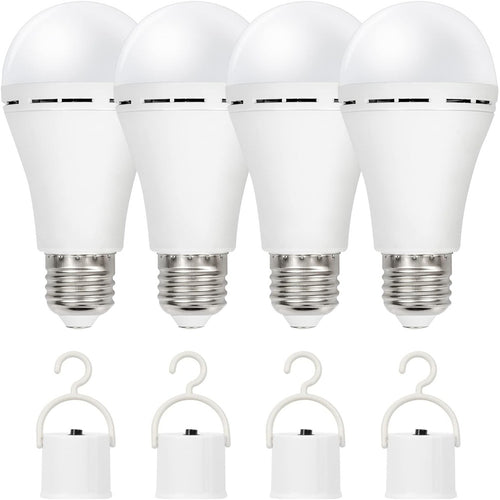 Rechargeable Emergency LED Light Bulb 12W 6500K 2000mAh with Polished Metal Finish – Spherical Design Half-Flip Installation Backup Battery Bulb for Camping Hiking Indoor Outdoor Power Outage, 4 Pack