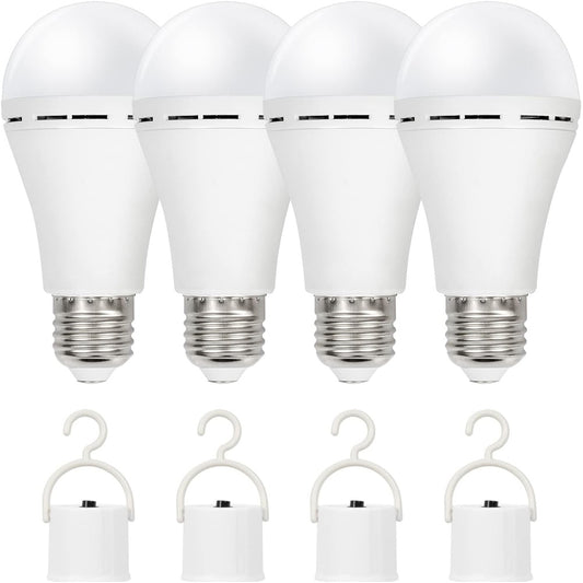 Rechargeable Emergency LED Light Bulb 12W 6500K 2000mAh with Polished Metal Finish – Spherical Design Half-Flip Installation Backup Battery Bulb for Camping Hiking Indoor Outdoor Power Outage, 4 Pack