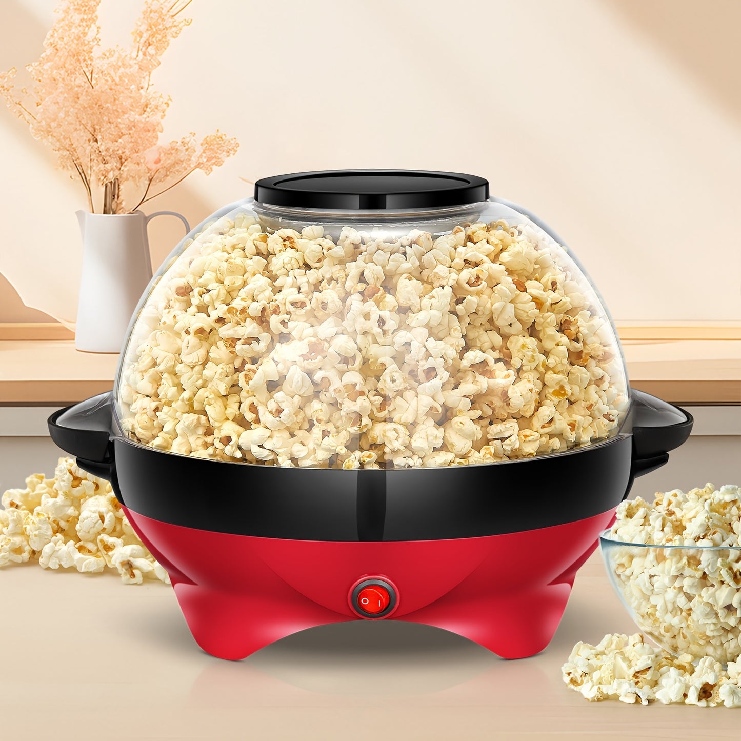 Popcorn Machine 800W Electric Stirring Popcorn Maker – 6-Quart Non-Stick Plate, Quick-Heat Technology, Cool-Touch Handles, 2-in-1 Lid & Bowl for Home Movie Night
