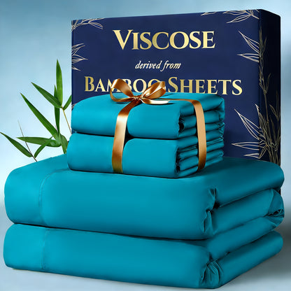 4pcs Bamboo Cooling Bedding - Extra Deep Pocket Breathable And Cooling - Suitable for Hot Sleepers And Sweats, Children Pillowcases, Flat Sheet And Fitted Sheet - A Perfect Gift for Family, Queen And King Sizes, Next Day Delivery