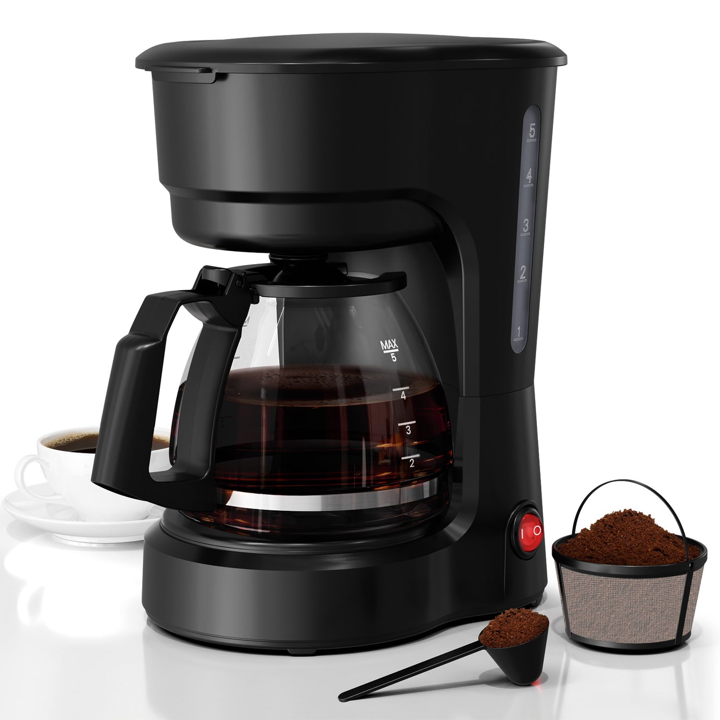 5 Cup Drip Coffee Maker with Coffee Pot, Easy to Operate, Dry Boil Protection, Anti-Drip Function, Auto Shut Off, Small Coffee Maker with 25.36oz Water Tank, for Home & Office, Black